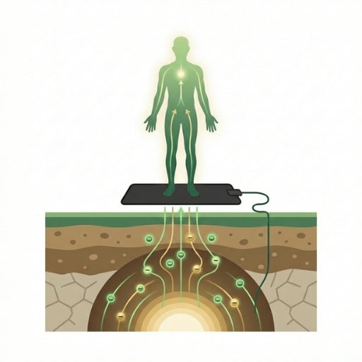 Schéma montrant comment le tapis grounding reconnecte le corps à la terre pour réduire l’électricité statique et les ondes
