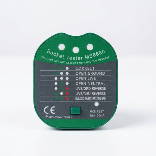 Vue rapprochée du testeur de prise grounding avec échelle de LED indiquant état de la terre et branchements