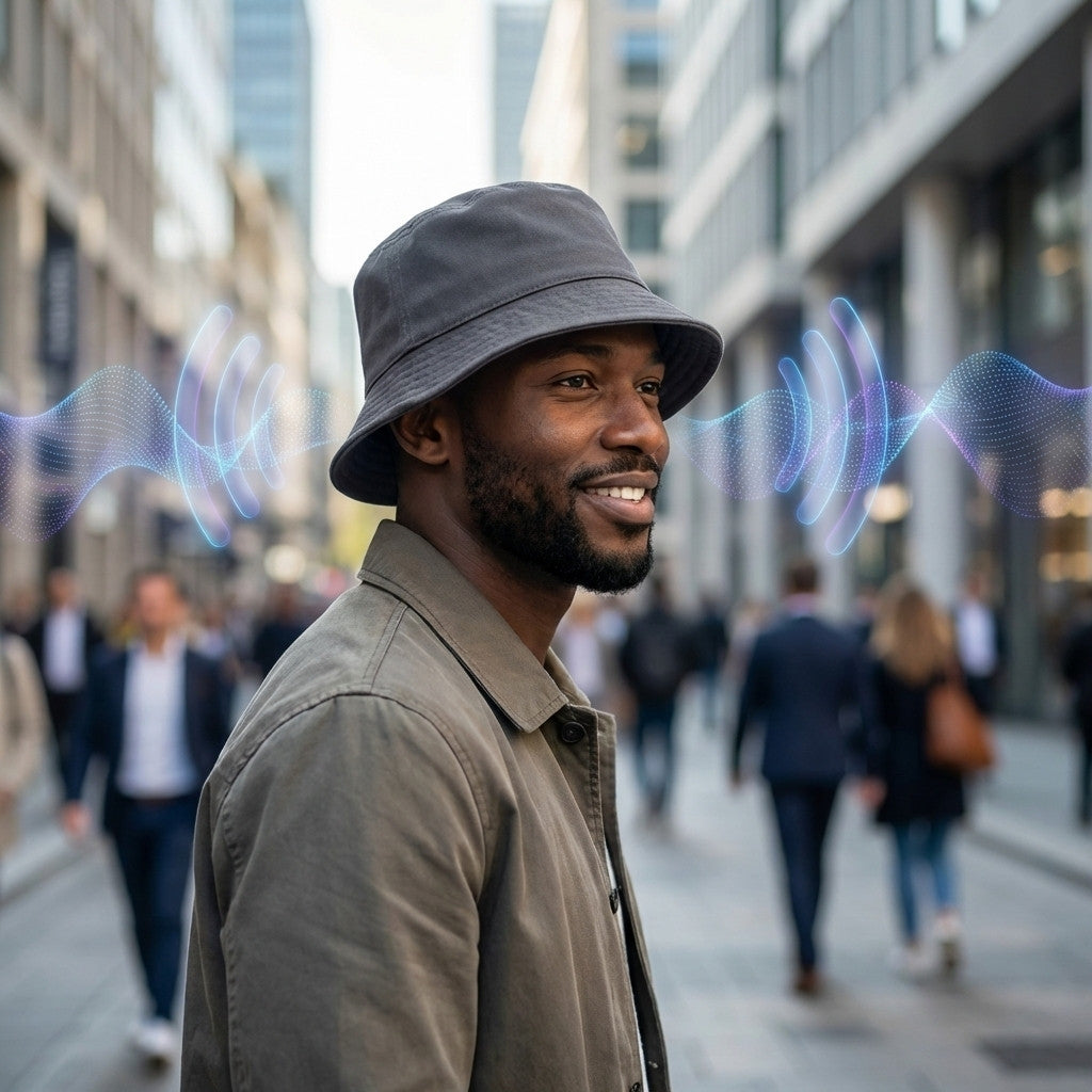 Personne portant un chapeau anti ondes en ville pour se protéger du rayonnement électromagnétique urbain
