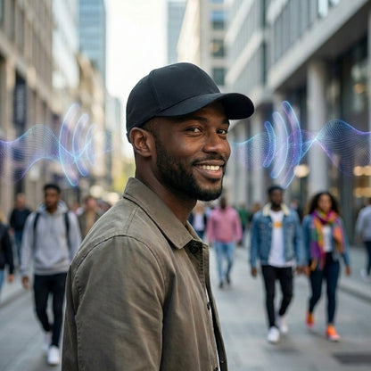 Personne portant une casquette anti ondes pour se protéger du rayonnement électromagnétique en environnement urbain