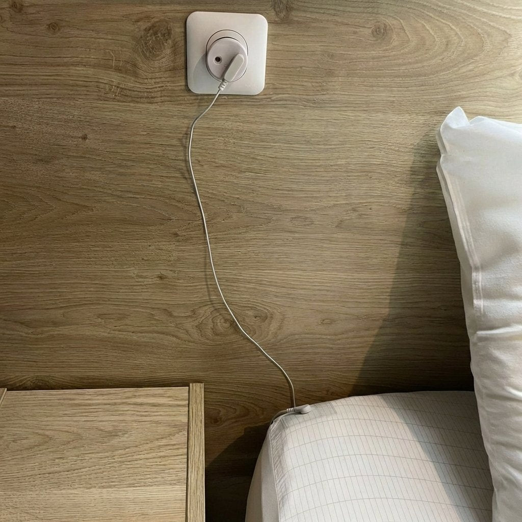 Branchement du drap grounding à une prise de terre pour évacuer les charges électriques du corps
