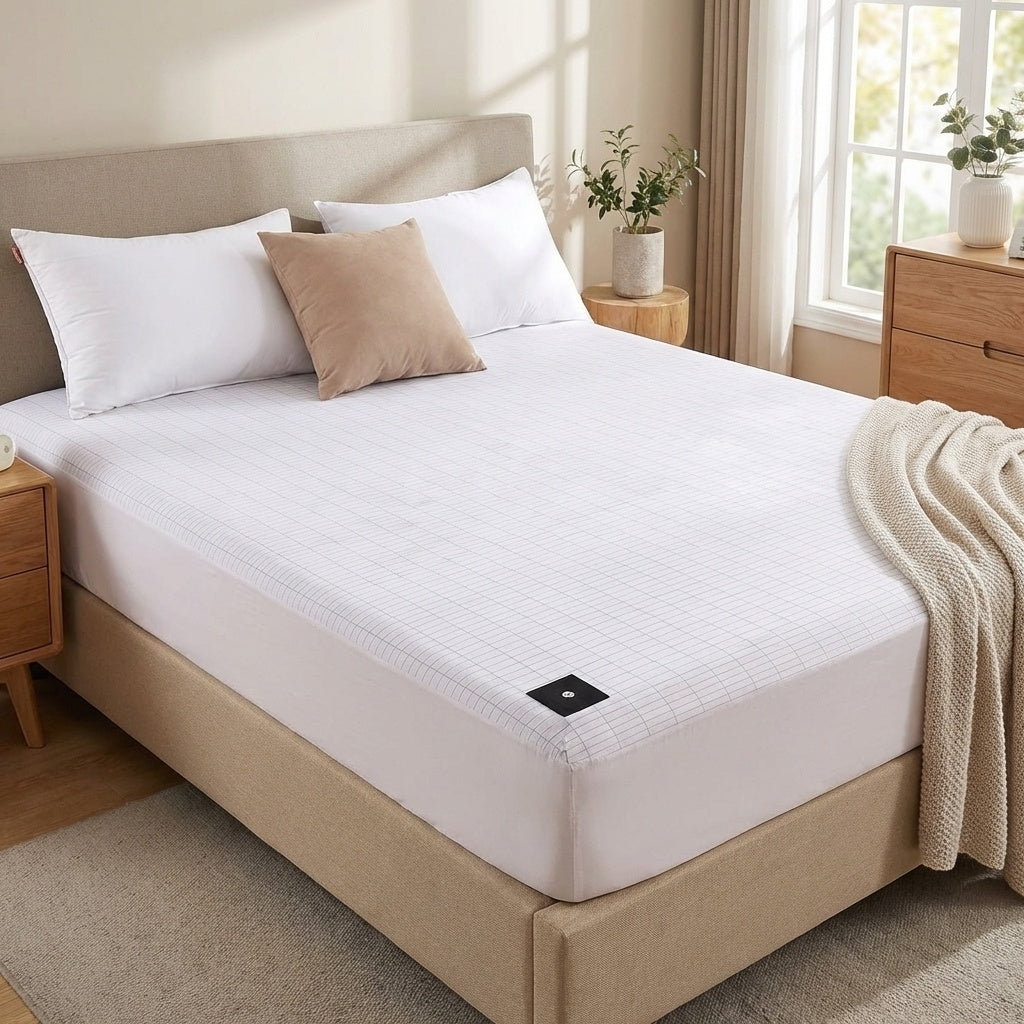 Drap grounding installé sur un lit pour améliorer le sommeil grâce à la mise à la terre du corps
