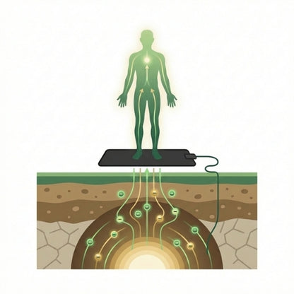 Schéma montrant comment le tapis grounding reconnecte le corps à la terre pour réduire l’électricité statique et les ondes