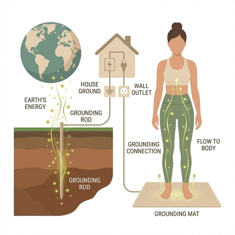 Illustration du fonctionnement du grounding montrant la connexion du corps humain à l’énergie de la terre
