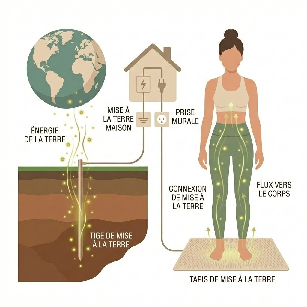 Schéma expliquant la connexion entre le corps humain et la terre grâce au grounding
