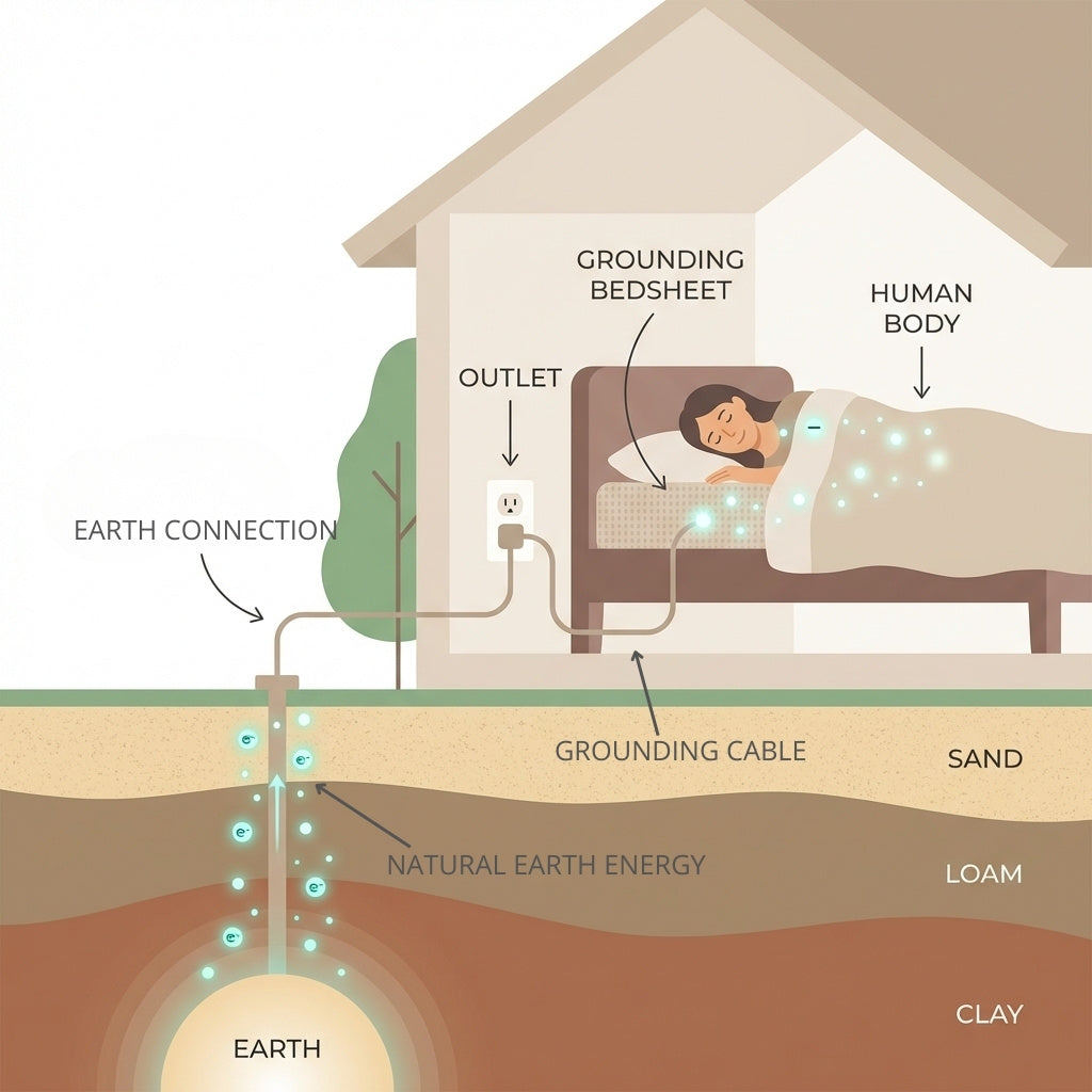 Schéma de grounding intérieur illustrant comment relier un espace de vie à la terre pour améliorer le bien-être