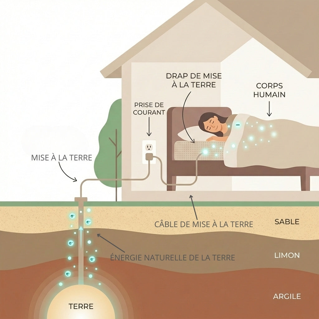 Illustration d’une maison connectée à la terre montrant la protection contre les ondes en intérieur grâce au grounding
