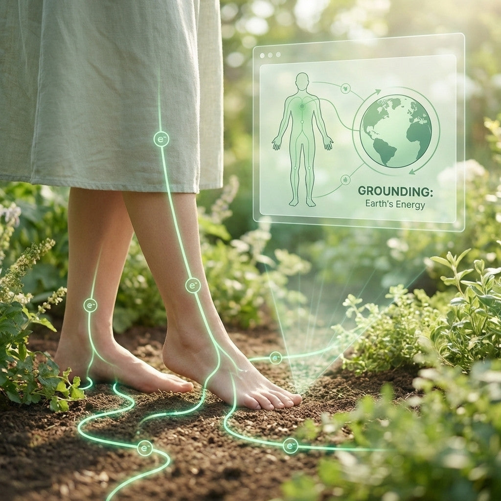 Personne marchant pieds nus dans la nature illustrant le principe du grounding naturel
