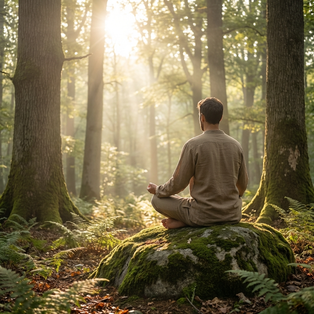 Personne méditant en forêt connectée à la terre illustrant les bienfaits naturels du grounding
