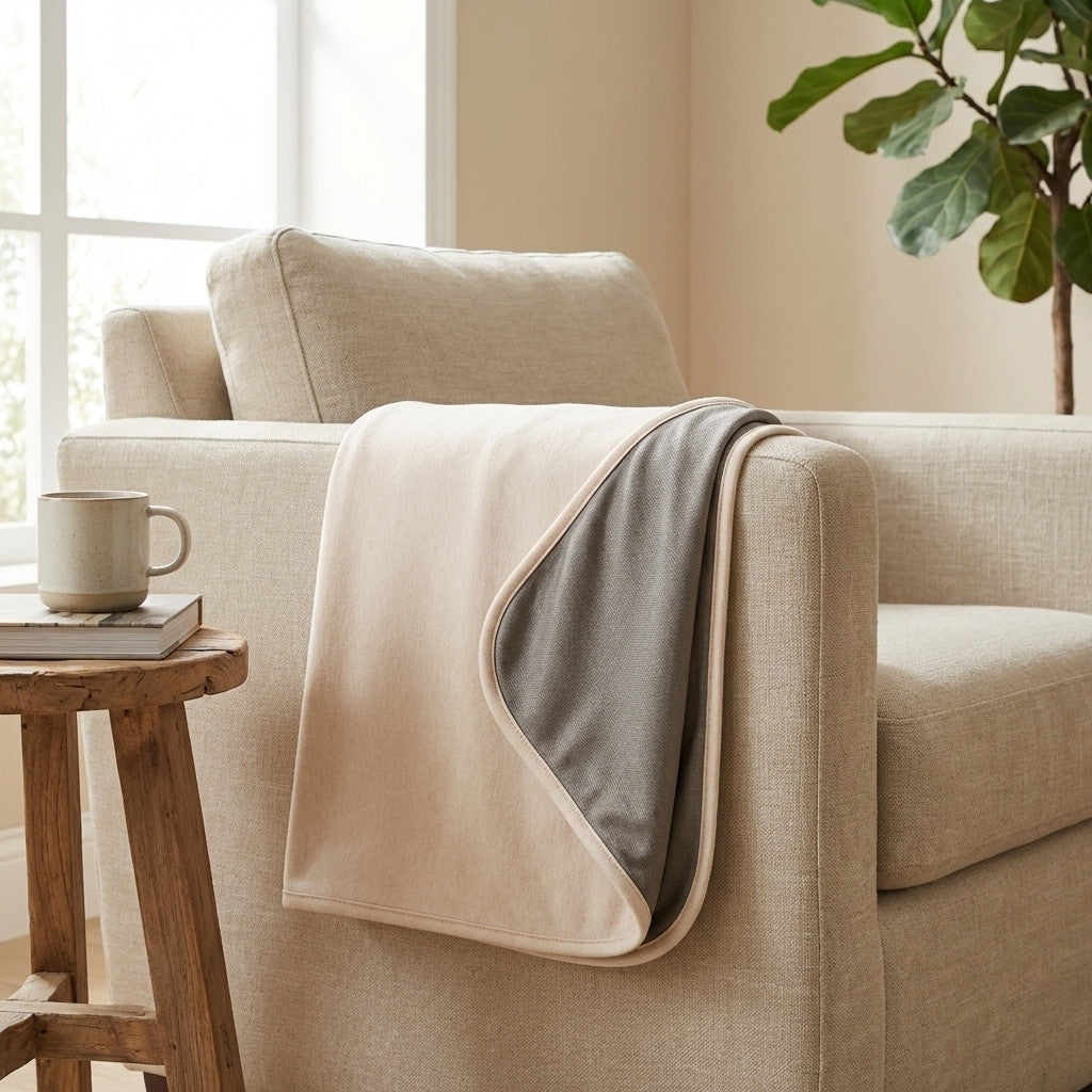 Plaid anti ondes utilisé sur un canapé pour se protéger des ondes électromagnétiques au quotidien