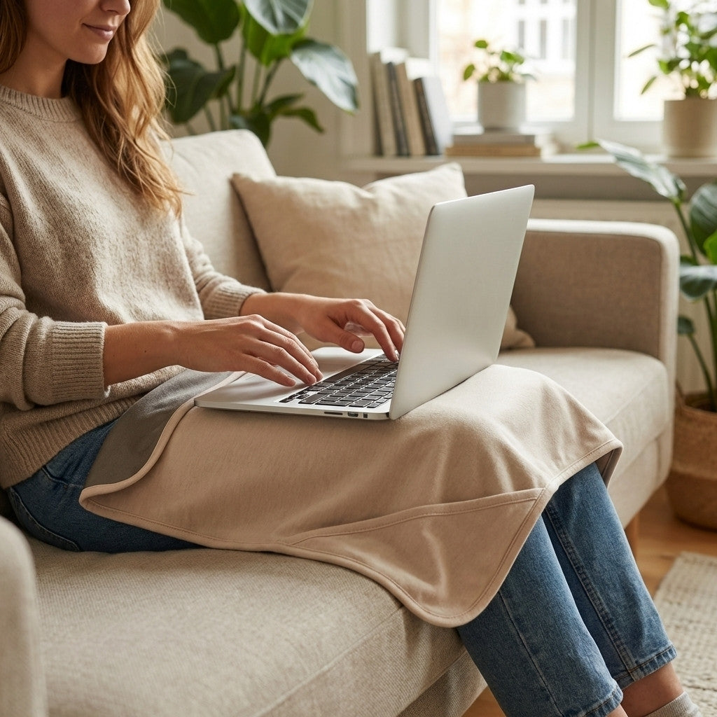 Personne utilisant un plaid anti ondes avec un ordinateur portable pour réduire l’exposition aux ondes électromagnétiques