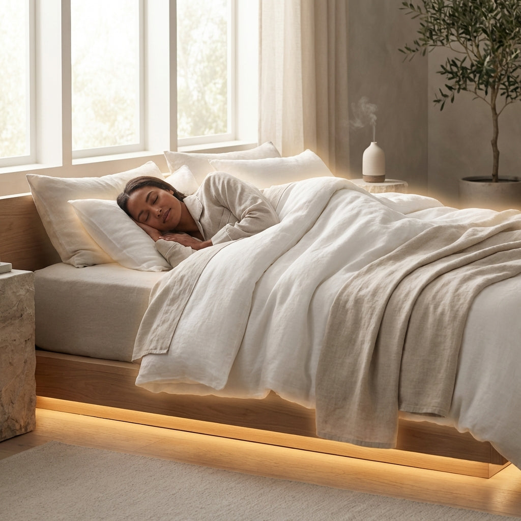 Person sleeping peacefully in a calming bedroom environment using grounding technology to improve sleep quality and reduce stress naturally