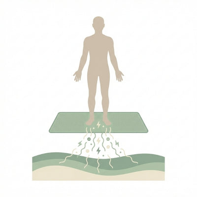 Illustration du corps sur un tapis grounding montrant la circulation de l’énergie entre le corps et la terre
