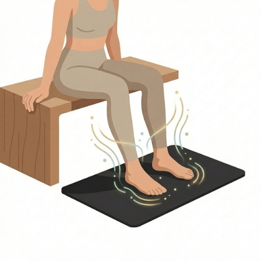 Personne utilisant un tapis grounding sous les pieds en position assise pour réduire l’exposition aux ondes
