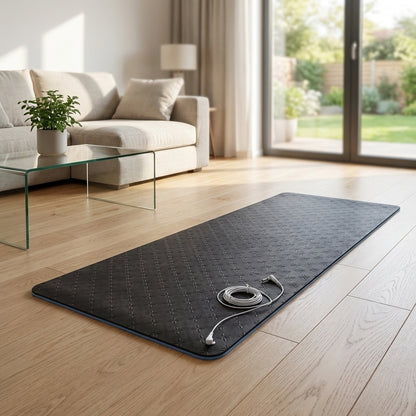 Tapis de yoga grounding utilisé dans un salon pour se reconnecter à la terre et améliorer le bien-être